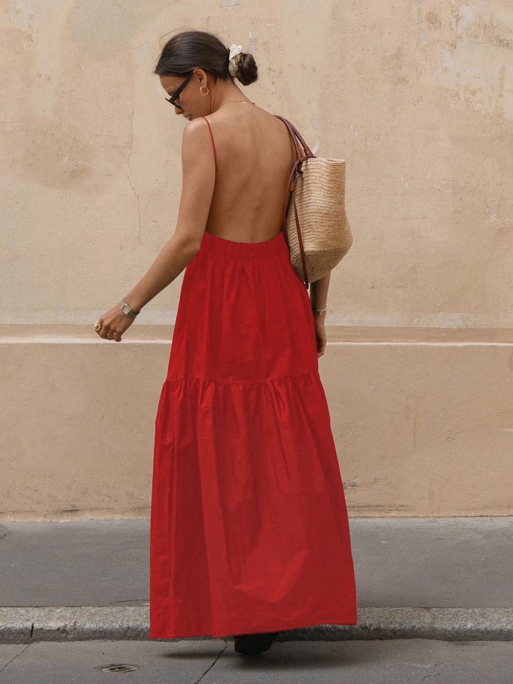 Commense Solid Backless Long Dress Red M